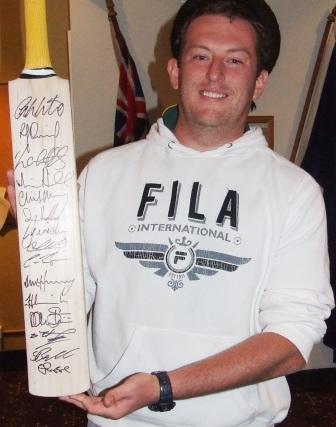 Peter Whebell with the signed Victorian cricket bat he won at our auction - organised for us by Fawad Ahmed and Khalid Hassan. Peter Whebell with the signed Victorian cricket bat he won at our auction - organised for us by Fawad Ahmed and Khalid Hassan.