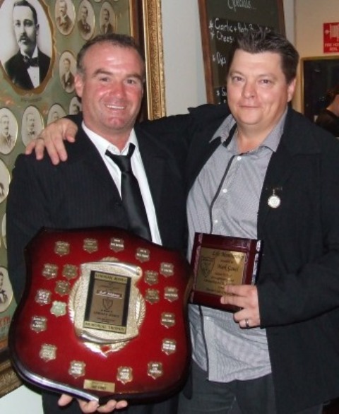 Recipients of the MVCC's highest honors: Sean O'Kane (left) with his Lindsay Jones Best Clubman shield, and Mark Gauci with his Life Membership plaque. Recipients of the MVCC's highest honors: Sean O'Kane (left) with his Lindsay Jones Best Clubman shield, and Mark Gauci with his Life Membership plaque.