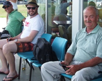 Relaxing outside: L-R Ian Wenlock, Steve Herbert and umpire Richard Burns-Garnett. Relaxing outside: L-R Ian Wenlock, Steve Herbert and umpire Richard Burns-Garnett.