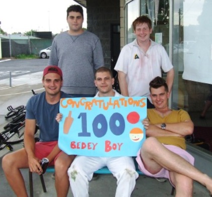 Celebrating Bede Gannon's 100th game - with his own banner! Celebrating Bede Gannon's 100th game - with his own banner!