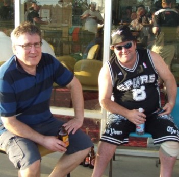 Ginger beer and water: Peter Golding (left) and James Holt wind back outside our pavilion. Ginger beer and water: Peter Golding (left) and James Holt wind back outside our pavilion.