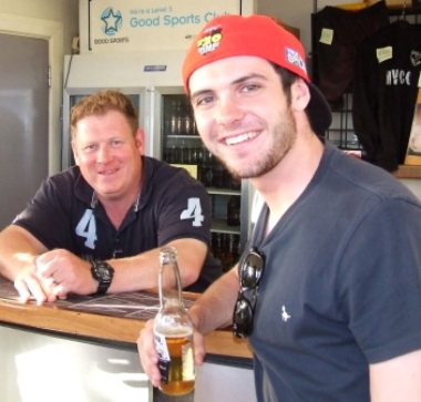 Enjoying his last taste of Aussie beer before returning to England: Daniel Waldron (right) reminisces with Simon Thornton after his short two-game stay at the Valley. Enjoying his last taste of Aussie beer before returning to England: Daniel Waldron (right) reminisces with Simon Thornton after his short two-game stay at the Valley.