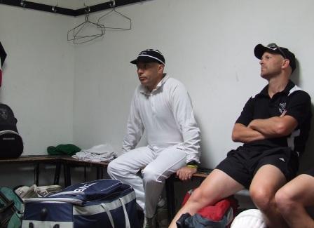 The old and the new - 300-gamer John Talone (left) in the rooms before the game with first-year Moonee Valley player Troy Eden. The old and the new - 300-gamer John Talone (left) in the rooms before the game with first-year Moonee Valley player Troy Eden.