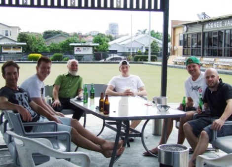 Enjoying the outside ambience at the bowling club: From left Ben Thomas, Bede Gannon, Allan Cumming, Freddie Priestley, Matt Thomas and Heath Webb-Johnson.