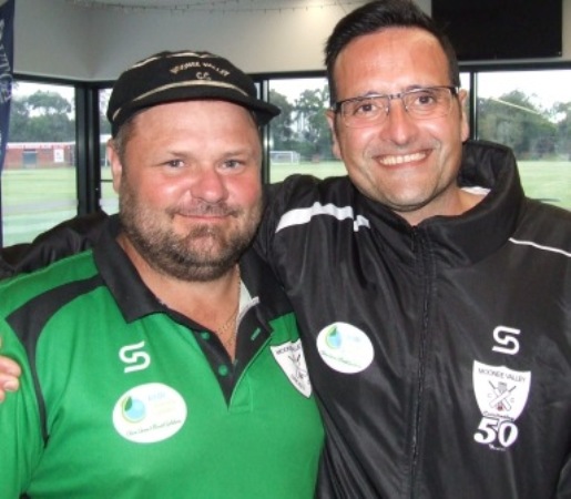 Acknowledging the significance of the day - coach Glen Courts (left) and Sevenths captain Bill Nimorakiotakis. Acknowledging the significance of the day - coach Glen Courts (left) and Sevenths captain Bill Nimorakiotakis.