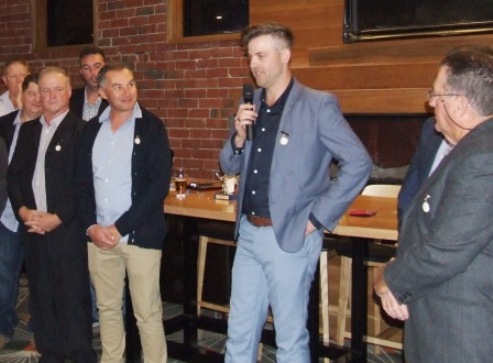 Caught for words - briefly. Club founder Ray Storey (far right) watches on as Matt Thomas composes his thoughts after being awarded Life Membership.