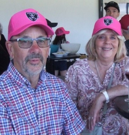 Alan and Sandra Thomas proudly wear the special Moonee Valley caps made up for the Tien Polonidis fundraiser. Alan and Sandra Thomas proudly wear the special Moonee Valley caps made up for the Tien Polonidis fundraiser.