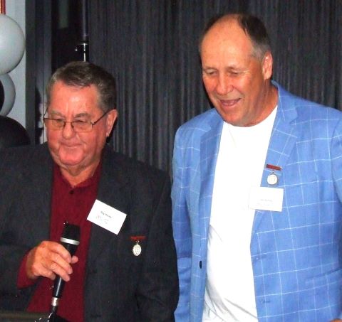 Our club co-founder Ray Storey (left) reflects with the microphone after being announced as Moonee Valley Cricket Club's first official Legend by Ian Denny. Our club co-founder Ray Storey (left) reflects with the microphone after being announced as Moonee Valley Cricket Club's first official Legend by Ian Denny.