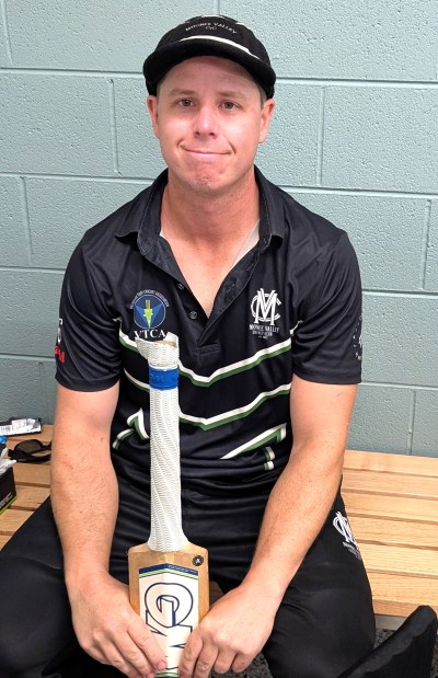 Nathan Waites in the East Keilor rooms after his 110 not out. Nathan Waites in the East Keilor rooms after his 110 not out.