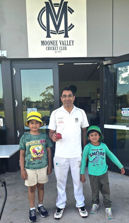 Sudarshan Devkota celebrates his 50th wicket with sons Swatit and Swakrit. Sudarshan Devkota celebrates his 50th wicket with sons Swatit and Swakrit.