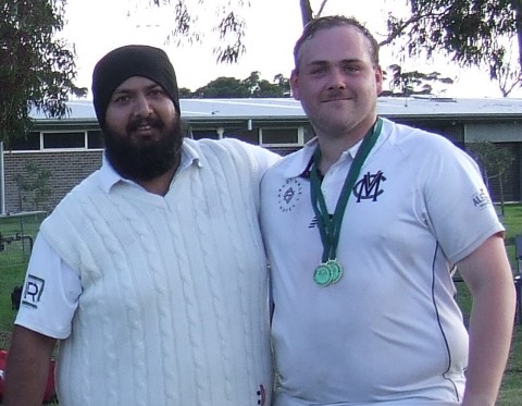Manu Singh with Lachlan Smith - a Premiership Medal to go with his Player of the Match medallion. Manu Singh with Lachlan Smith - a Premiership Medal to go with his Player of the Match medallion.
