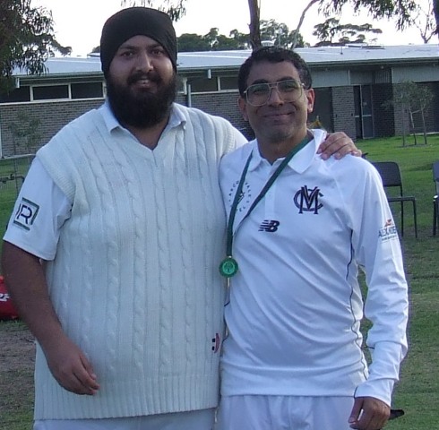 Manu Singh (left) presented the Premiership medal to Sudarshan Devkota - our leading wicket-taker in the Fourths for the season with 23. Manu Singh (left) presented the Premiership medal to Sudarshan Devkota - our leading wicket-taker in the Fourths for the season with 23.