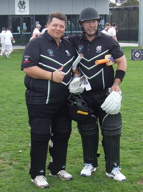 Going in to bat with great mate and Premiership teammate: Mark Gauci (left) and Geoff McKeown. Going in to bat with great mate and Premiership teammate: Mark Gauci (left) and Geoff McKeown.