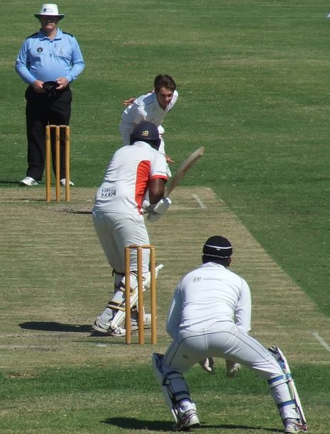 Dejan Gilevski bowled tightly - Suraj Weerasinghe behind the stumps as the ball cuts in. Dejan Gilevski bowled tightly - Suraj Weerasinghe behind the stumps as the ball cuts in.