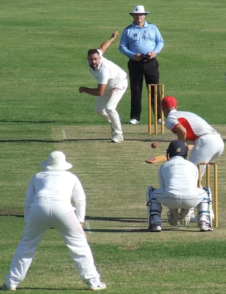 Steve Hazelwood lets one fly with Suraj Weerasinghe keeping up to the stumps - under the watchful eye of umpire Matt Cervetto. Steve Hazelwood lets one fly with Suraj Weerasinghe keeping up to the stumps - under the watchful eye of umpire Matt Cervetto.
