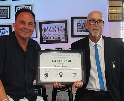 Inductee Kevin Gardiner (right) receives his Hall of Fame certificate from Life Member Bill Nagel. Inductee Kevin Gardiner (right) receives his Hall of Fame certificate from Life Member Bill Nagel.