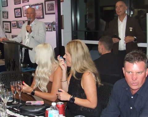 The Denny family table: L-R daughters Amy Denny and Alicia Stanton with her husband Danny; with Greg Peters and John Talone on the stage. The Denny family table: L-R daughters Amy Denny and Alicia Stanton with her husband Danny; with Greg Peters and John Talone on the stage.