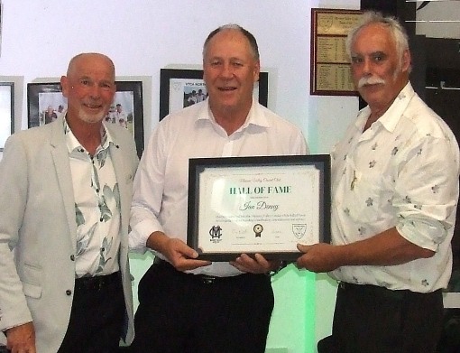 Ian Denny (centre) receives his Hall of Fame certificate from Greg Peters (left) and Charlie Walker. Ian Denny (centre) receives his Hall of Fame certificate from Greg Peters (left) and Charlie Walker.