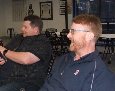 A chance to relax after preparing the brisket: Dean Lawson (front) with Mark Gauci. A chance to relax after preparing the brisket: Dean Lawson (front) with Mark Gauci.