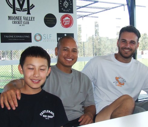Present-day players: Chand Shestha and son Logan, and Firsts opening bowler Luke Brock. Present-day players: Chand Shestha and son Logan, and Firsts opening bowler Luke Brock.