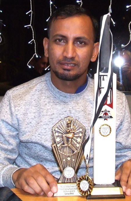 A champion: Salman Afridi with his Club Champion trophy, his MVP award for the Firsts and a mini bat acknowledging his century. A champion: Salman Afridi with his Club Champion trophy, his MVP award for the Firsts and a mini bat acknowledging his century.