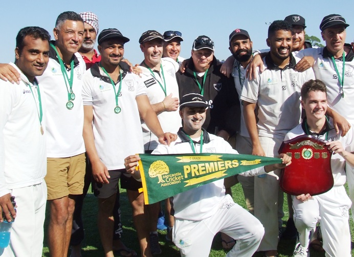 The Premiers with their flag and shield: L-R. back - Sukhi Jaiswal, Sunil Bhandari, Parminder Singh, Vinnie Singh, Geoff McKeown, Dean Jukic, Mark Gauci, Sunny Singh, Manthan Nicholas, Bede Gannon and Jim Polonidis. Front - Sunny Sharma and Tom Janetzki.