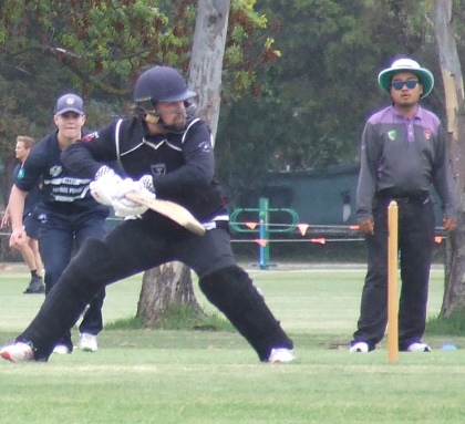 Brayden McGregor plays a late cut - watched by umpire Marcus Lee. Brayden McGregor plays a late cut - watched by umpire Marcus Lee.