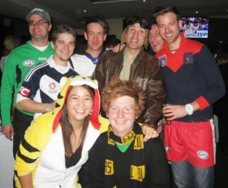 A group of Moonee Valley players show their stripes: At front are Tiger fans Tien Polonidis and Bede Gannon, backed by (L-R) Michael Cumbo, Stephen Ward, Ben Thomas, Jim Polonidis, Jim McKenzie and Matt Thomas. A group of Moonee Valley players show their stripes: At front are Tiger fans Tien Polonidis and Bede Gannon, backed by (L-R) Michael Cumbo, Stephen Ward, Ben Thomas, Jim Polonidis, Jim McKenzie and Matt Thomas.