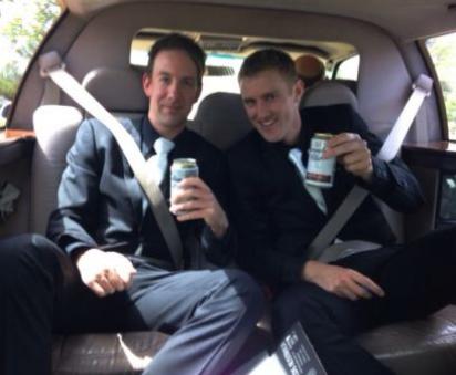 Enjoying more than the limousine ride: Ben Thomas and Sam Bishop arrive at Wardy's wedding in style. Enjoying more than the limousine ride: Ben Thomas and Sam Bishop arrive at Wardy's wedding in style.