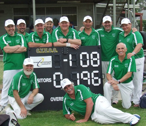 A big win on the final day of the tournament: Resplendent in our bright green shirts are L-R: Back - Daniel Phillips, Glen Courts, Sean O'Kane, Troy Eden, Simon Thornton, Dean Jukic, Adam Patchell and Mark Gauci. Front - the real old blokes get down and can't get up again: Allan Cumming, Charlie Walker and Neil King.