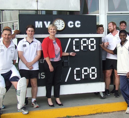 Mary-Anne Lane from CPB Contractors shows her support for Moonee Valley Cricket Club with players (from left) Dean Jukic, Matt Esmore, Daniel Comande, Nate Wolland, Stephen Esmore and Nadeera Thuppahi. Mary-Anne Lane from CPB Contractors shows her support for Moonee Valley Cricket Club with players (from left) Dean Jukic, Matt Esmore, Daniel Comande, Nate Wolland, Stephen Esmore and Nadeera Thuppahi.