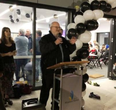 One of the champions of our new pavilion, Cr Jim Cusack speaks at the opening, watched by Mayor Narelle Sharpe. One of the champions of our new pavilion, Cr Jim Cusack speaks at the opening, watched by Mayor Narelle Sharpe.